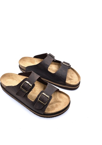 Buga H2520 Hakiki Nubuk Deri Çift Tokalı Kahverengi Erkek Terlik