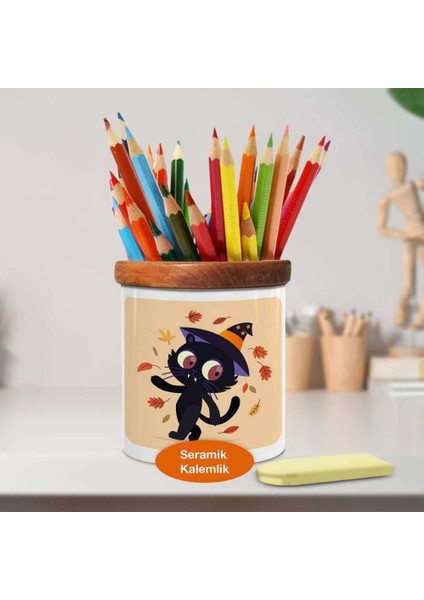 Büyücü Şapkalı Kedi Ahşap Seramik Kalemlik - 2147925913