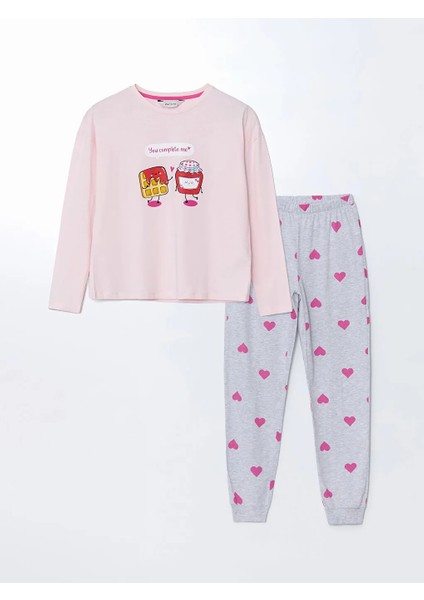 Young Gri Bisiklet Yaka Baskılı Kadın Pijama Takımı