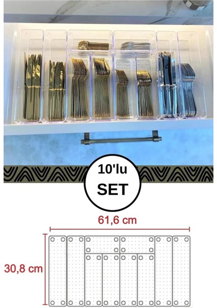 Bozhouse 10'lu Set Modüler Kaşıklık Mutfak Çekmece Içi Organizer Şeffaf Clear Çatal Bıçak Kaşık Düzenleyici
