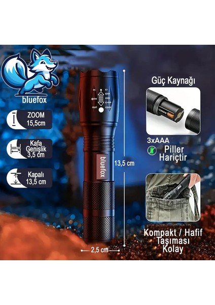 Bluefox Güçlü LED El Feneri, 10W Ultra Parlak Işık, 5 Farklı Mod, Zoom Özellikli, Dayanıklı Aluminyum Gövde fiyatları