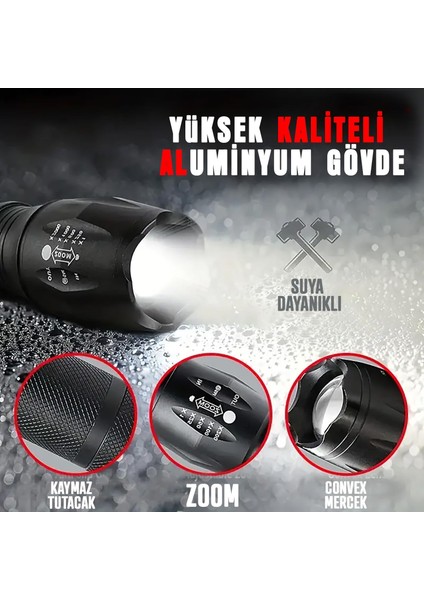 Bluefox Güçlü LED El Feneri, 10W Ultra Parlak Işık, 5 Farklı Mod, Zoom Özellikli, Dayanıklı Aluminyum Gövde modelleri