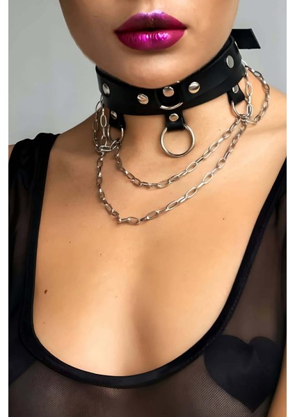 Mulvxjrt JRT02 Zincir ve Halka Detaylı Şık Deri Choker Tasma Boyunluk Aksesuarı 654 (Mulvix)