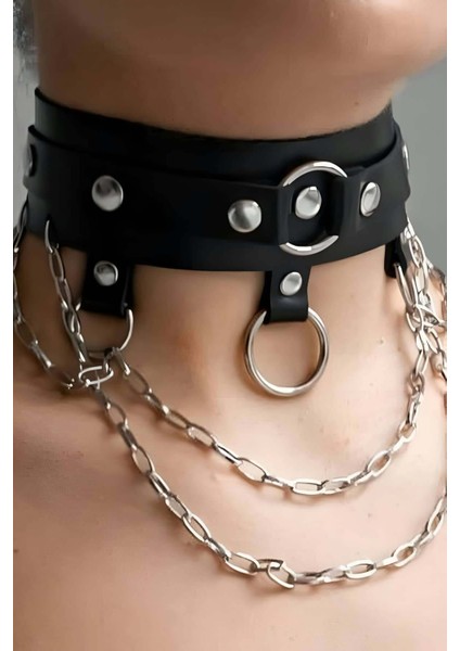 Mulvxjrt JRT02 Zincir ve Halka Detaylı Şık Deri Choker Tasma Boyunluk Aksesuarı 654 (Mulvix)