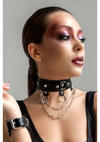 Mulvxjrt JRT02 Zincir ve Halka Detaylı Şık Deri Choker Tasma Boyunluk Aksesuarı 654 (Mulvix)