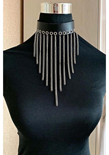 Mulvxjrt JRT02 Zincirli Deri Choker, Şık Deri Tasma - 629 (Mulvix)