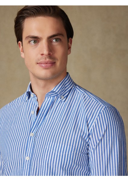 Erkek Gömlek Slim Fit Yaka Düğmeli Cepli Sax Çizgili