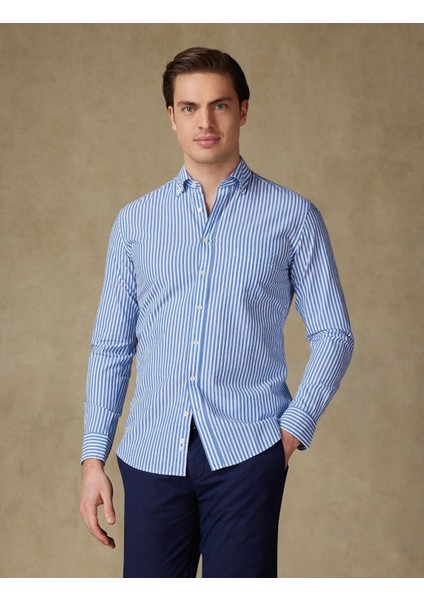 Erkek Gömlek Slim Fit Yaka Düğmeli Cepli Sax Çizgili fiyatları