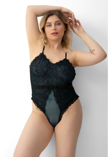 Mulvxbrf BRF02 Büyük Beden Babydoll Gecelik Dantel Yeşil Tül Detaylı (Mulvix)