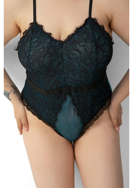 Mulvxbrf BRF02 Büyük Beden Babydoll Gecelik Dantel Yeşil Tül Detaylı (Mulvix)