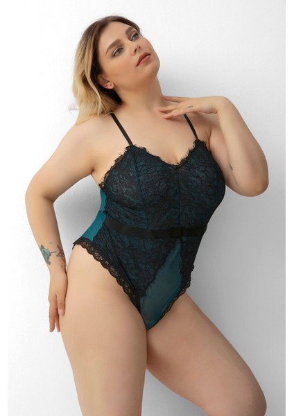 Mulvxbrf BRF02 Büyük Beden Babydoll Gecelik Dantel Yeşil Tül Detaylı (Mulvix)