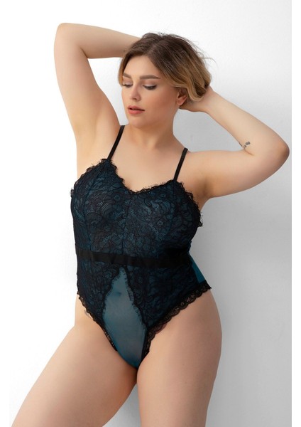 Mulvxbrf BRF02 Büyük Beden Babydoll Gecelik Dantel Yeşil Tül Detaylı (Mulvix)