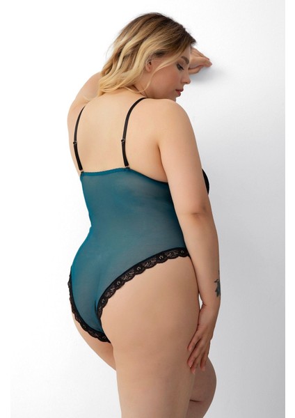 Mulvxbrf BRF02 Büyük Beden Babydoll Gecelik Dantel Yeşil Tül Detaylı (Mulvix)