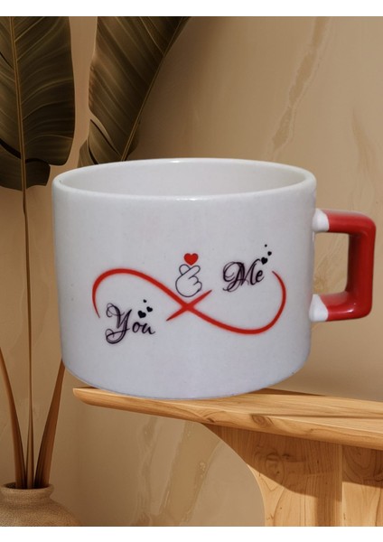 You & Me Sonsuzluk Sembolü Çift Taraf Baskılı Kupa Bardak (Kırmızı Kulp)