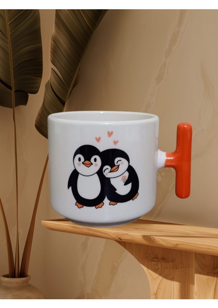 Siyah Beyaz Penguenler Çift Taraf Baskılı Kupa Bardak (Turuncu T)