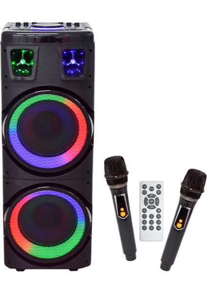 BTS-1708 200W Karaoke Ses Sistemi 2X10 Inç Rgb Efektli Party Box Mikrofonlu Bluetooth Hoparlör