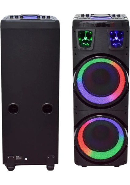 BTS-1708 200W Karaoke Ses Sistemi 2X10 Inç Rgb Efektli Party Box Mikrofonlu Bluetooth Hoparlör