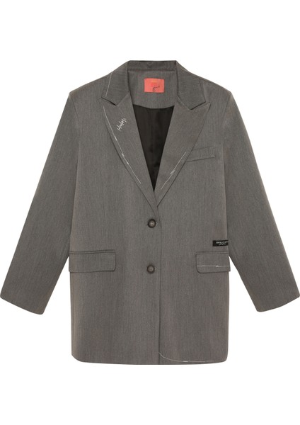 Nakış ve Etiketli Kruvaze Yaka Blazer Ceket Gri
