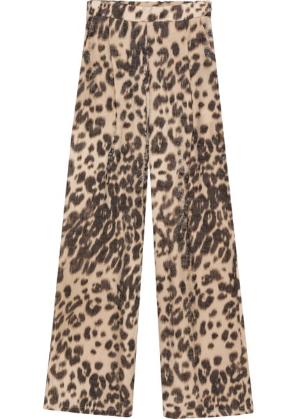Leopar Desenli Geniş Paça Pantolon Taş