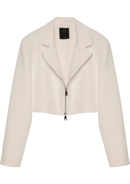 Önden Fermuarlı Crop Blazer Ceket Ekru