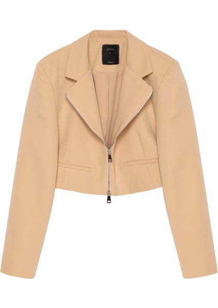 Önden Fermuarlı Crop Blazer Ceket Bej