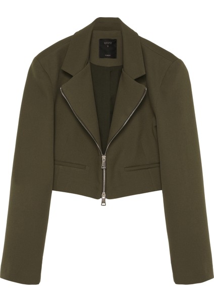 Önden Fermuarlı Crop Blazer Ceket Haki