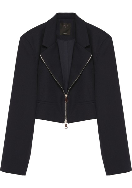 Önden Fermuarlı Crop Blazer Ceket Lacivert