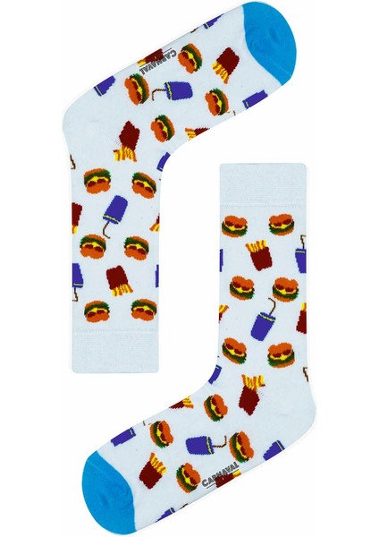 Beyaz Hamburger Içecek Desenli Renkli Çorap