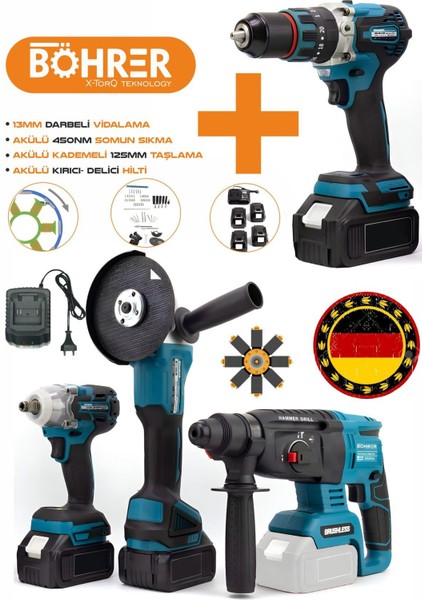 Alman 4'lü Set Akülü 13MM Akülü Kırıcı Delici Hilti, Darbeli Vidalama, Somun Sıkma ,taşlama Makinesi