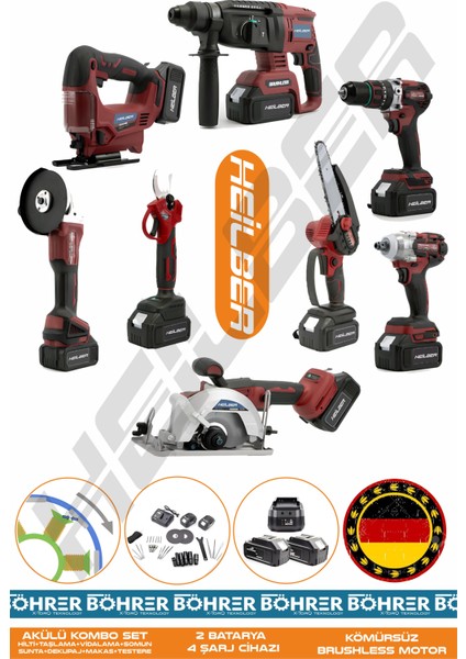 Alman 4 Akü 2 Şarj Cihazı V598 Profesyonel 8 Makine Kombo Set , Kırmızı Çanta