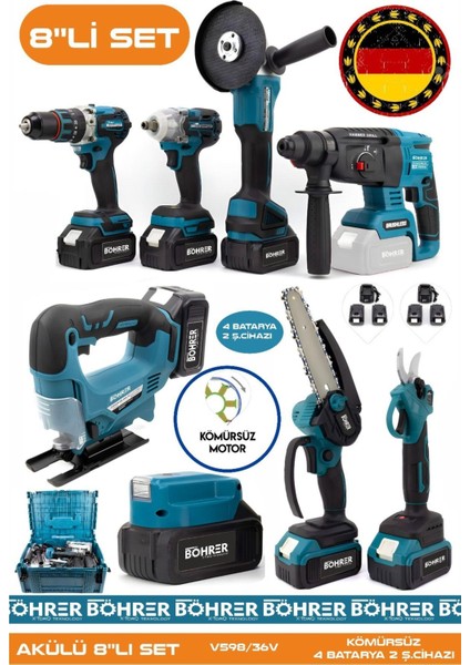 Alman Akülü Kömürsüz V598 5AH Profesypnel 8 Makine Kombo Set ,4 Batarya 2 Ş. Cihazı