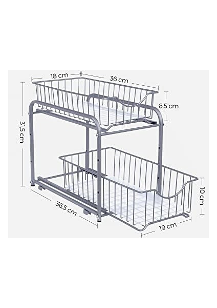 Mutfak Dolabı Düzenleyici, Mutfak Rafı, Düzenleme Sistemi, 2 Katlı, Istiflenebilir, Genişletilebilir, Metal Sepetli, Mutfak Için, Metalik Gümüş KCS017E01