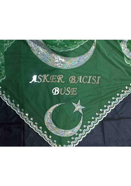Kişiye Özel Asker Bacısı ve Isim Yazılı Yeşil Ayyildizli Kına Örtüsü Tirşe Şal eldivenli