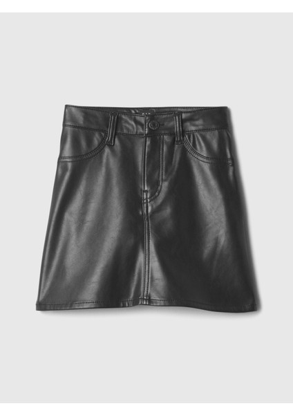 Kız Çocuk Siyah Suni Vegan Deri Mini Etek