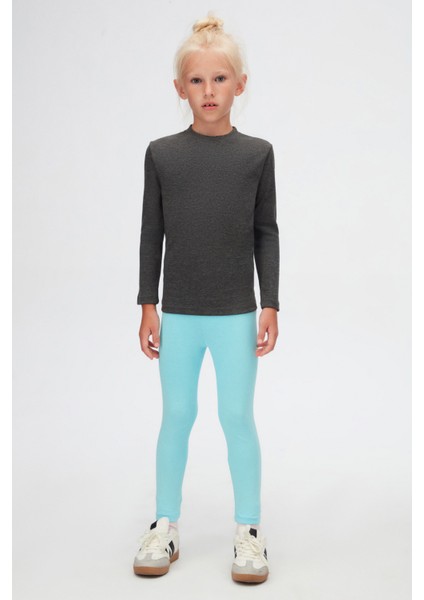 Antrasit Basic Unisex Çocuk Kışlık Sıfır Yaka Uzun Kollu Tişört