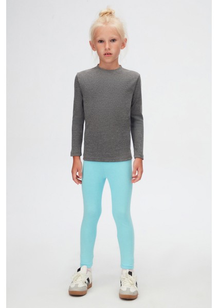 Buz Gri Basic Unisex Çocuk Kışlık Sıfır Yaka Uzun Kollu Tişört