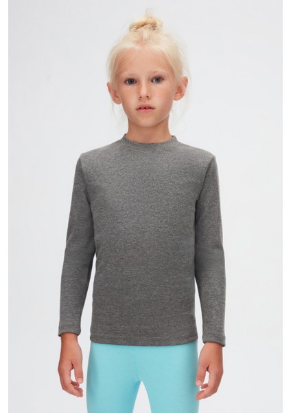 Buz Gri Basic Unisex Çocuk Kışlık Sıfır Yaka Uzun Kollu Tişört fiyatları