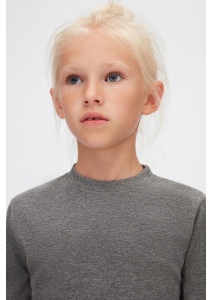 Buz Gri Basic Unisex Çocuk Kışlık Sıfır Yaka Uzun Kollu Tişört modelleri