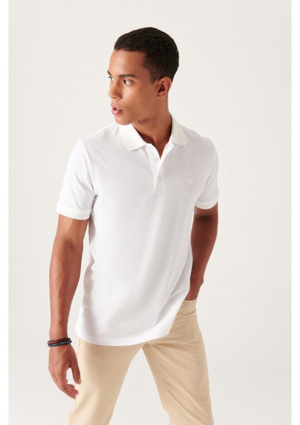 Erkek Beyaz 3 Düğmeli %100 Mısır Pamuğu Polo Yaka T-shirt B001027