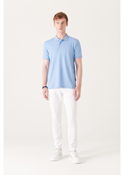 Erkek Açık Mavi 3 Düğmeli %100 Mısır Pamuğu Polo Yaka T-shirt B001027