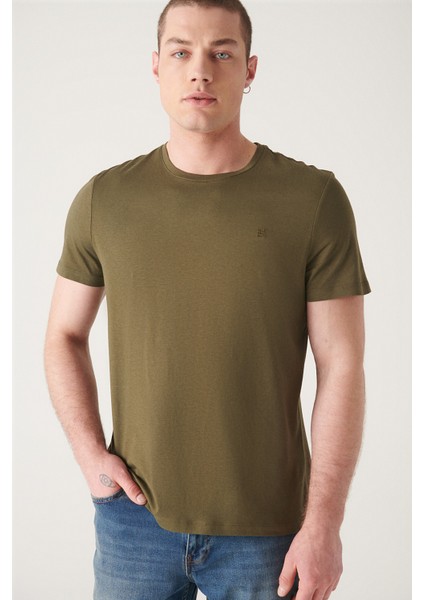 Erkek Haki Ultrasoft Bisiklet Yaka Düz Modal T-Shirt B001171