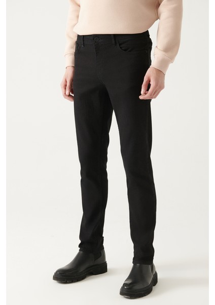Erkek Siyah Düz Yıkama Esnek Jean Pantolon B003504