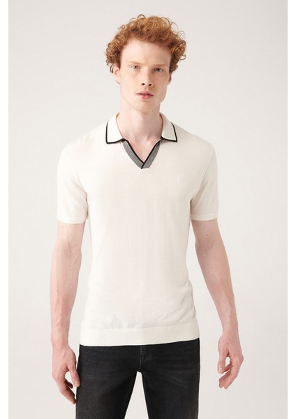 Erkek Beyaz Düğmesiz Patı Çizgi Detaylı Ribanalı Triko T-shirt A31y5110