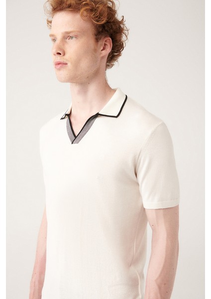Erkek Beyaz Düğmesiz Patı Çizgi Detaylı Ribanalı Triko T-shirt A31y5110