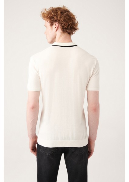 Erkek Beyaz Düğmesiz Patı Çizgi Detaylı Ribanalı Triko T-shirt A31y5110