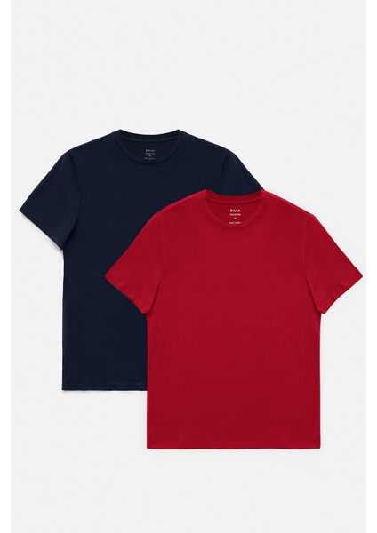 Erkek Lacivert-Bordo 2'li %100 Pamuk Bisiklet Yaka T-Shirt E001012
