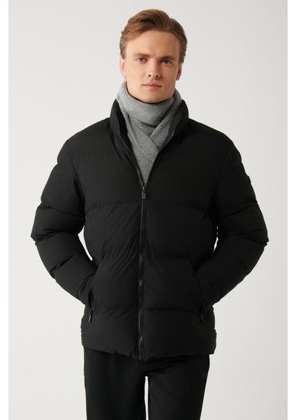 Erkek Siyah Şişme Mont Dik Yaka Su Itici Rüzgar Geçirmez Kapitone Comfort Fit E006012