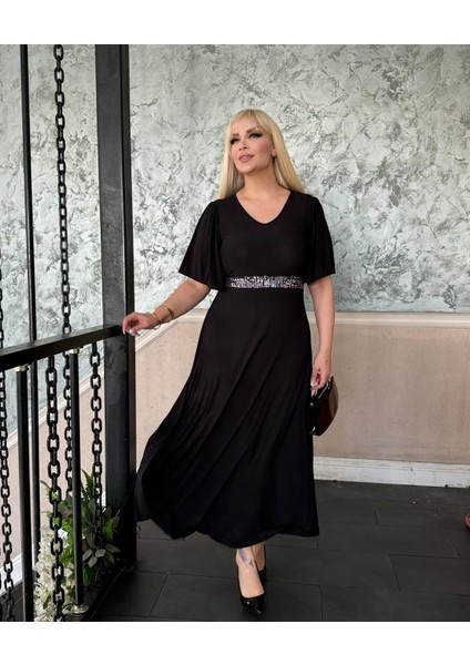 Kadın Buyuk Beden V Yaka Bel Payet Detay Esnek Sandy Abiye Elbise modelleri