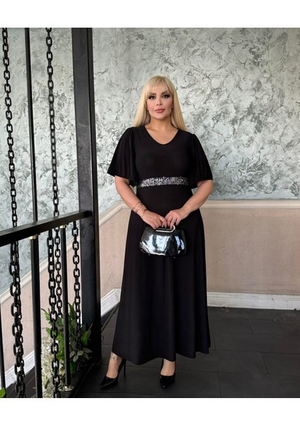 Kadın Buyuk Beden V Yaka Bel Payet Detay Esnek Sandy Abiye Elbise fırsatları