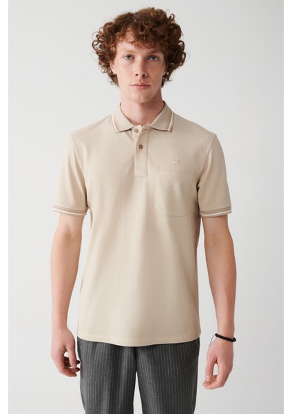 Erkek Bej Kıvrılmaz Yaka Cepli 2 Düğmeli Polo Yaka T-Shirt E001031